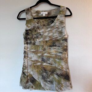 Coldwater Creek Blouse Green and Brown Abstract Tank Top Nylon Ruffle Detail